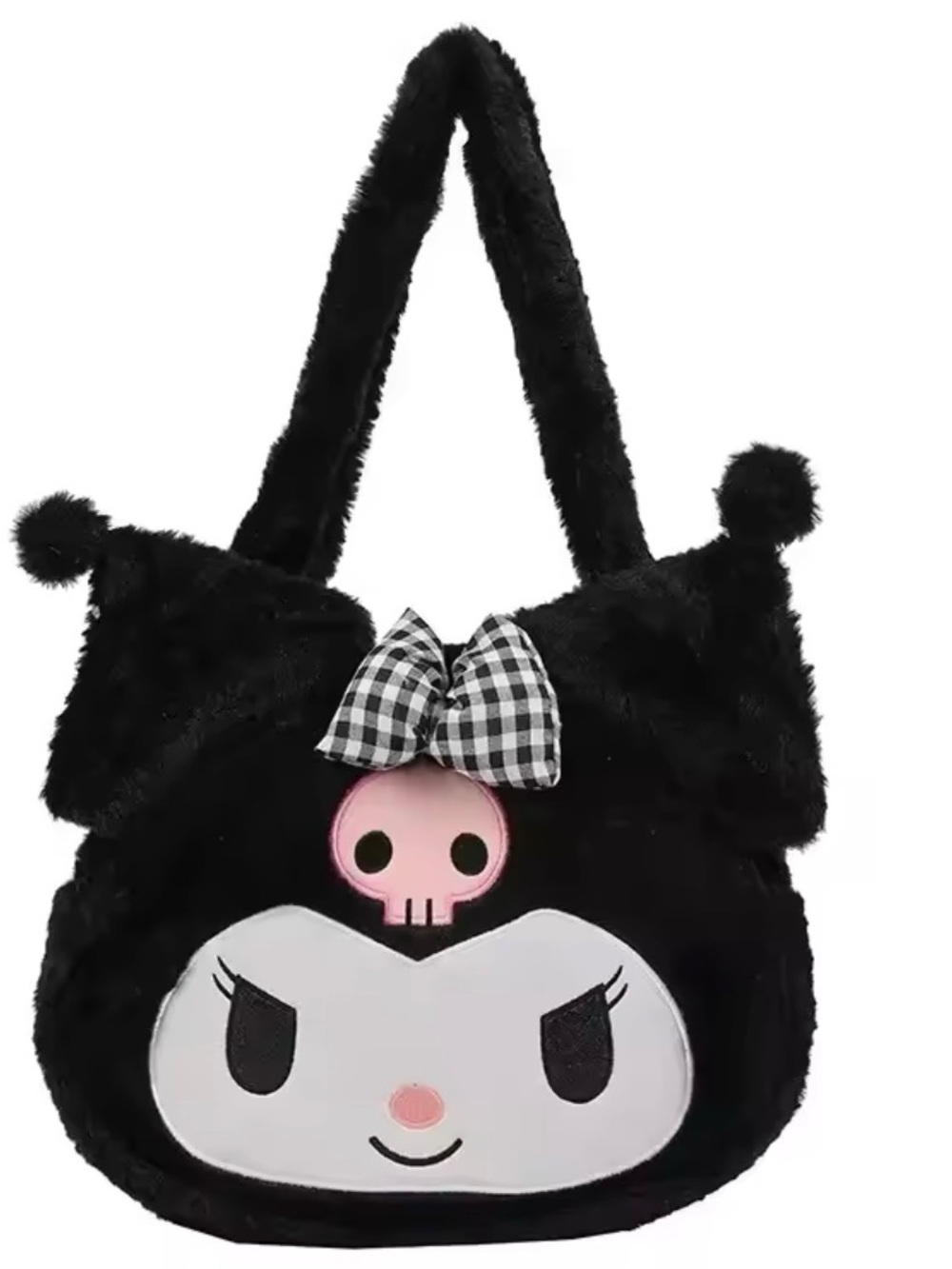 Sanrio Kuromi Plush Shoulder Bag in Black with Pink and White Accents